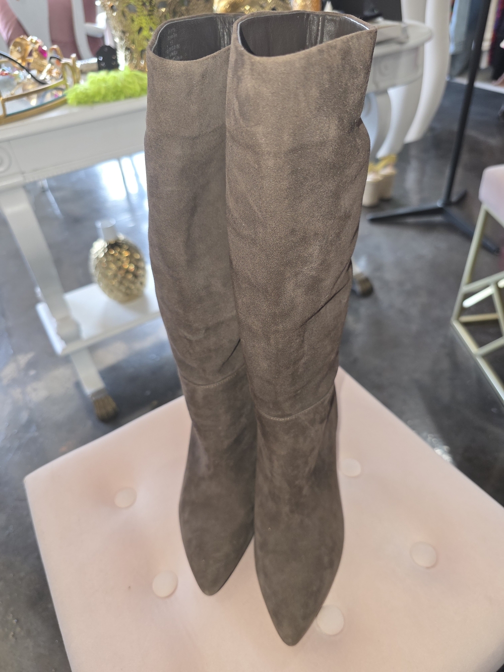 Something Navy Tall Pointed-Toe Suede Heeled Boots in Brown